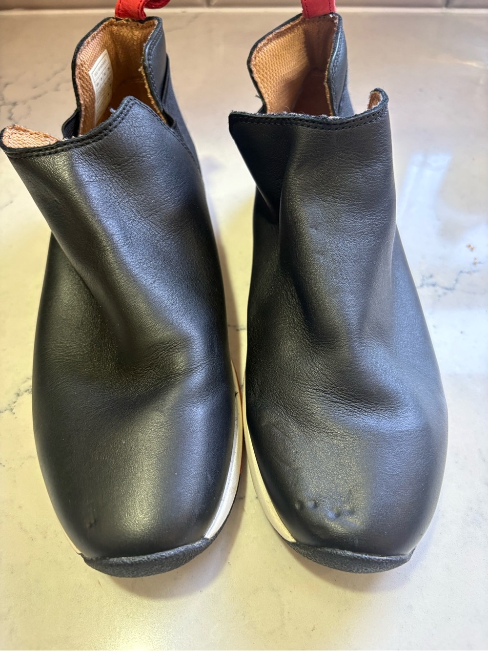 Vionic Black Slip-On Leather Ankle Booties with Red Pull Tabs